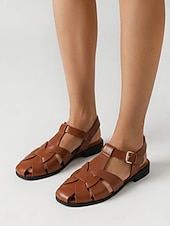 cheap Gladiator Sandals-Women's Brown Woven Closed-Toe Gladiator Sandals - Fisherman Sandals with Adjustable Buckle, Casual Summer Flat Sandals for Everyday Wear and Vacation