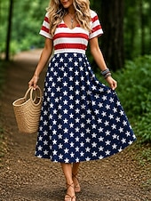  Jour de l'Indépendance Américaine Femmes Robe Midi Robe Décontractée Élégant Vacances Fête Coupe régulière Graphique Drapeau Manche Courte Col en V Bleu Rouge Été Printemps