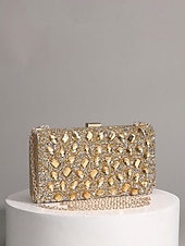 preiswerte Clutches &amp; Taschen für die Abendgarderobe-Luxuriöse Damen-Abendclutch mit Strasssteinen, goldfarbene, kristallverzierte Handtasche mit festem Rahmen und Kettenriemen für formelle Hochzeiten, Cocktailpartys und Galaveranstaltungen
