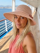 baratos Chapéus Femininos-Chapéu de sol feminino boho de palha - chapéu de praia de verão com aba larga e decoração de flor 3D, fedora respirável em poliéster trançado para férias e uso casual diário. &amp;Proteção solar, várias