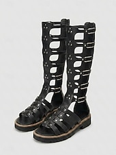 cheap Gladiator Sandals-Women's Tall Gladiators Sandals - Edgy Black Knee-High Summer Boots with Multiple Buckles, Studs &amp; Lug Sole for Music Festivals, Tropical Vacations &amp; Outdoor Adventures