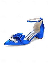 cheap Mother of Bride/Groom-Women's Sophisticated Navy Blue Satin Block Heel Shoes with Bow and Crystal Brooch for Mother of the Bride