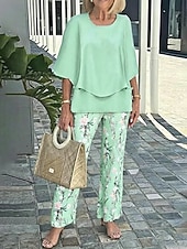 billige Women's Blouse Suits-Women's Two Piece Sets Pants Sets Half Sleeve Butterfly Sleeve Round Neck Floral Graphic Ruffle Print Elegant Vacation Casual Daily Beach Blue Pink Purple Spring &amp; Summer Loose Fit