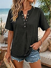 baratos Blusas Simples-Women's Shirt Casual Shirt Vacation Vintage Fashion Short Sleeve V Neck Crop Tops Casual Khaki Black White Yellow Pink Summer Spring