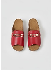 abordables Sandalias deslizantes-Sandalias metalizadas doradas para mujer: sandalias cómodas de punta abierta con detalle de cadena para uso casual y de verano.