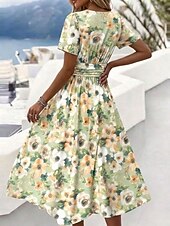 cheap Print Dresses-Women's Midi Dress A Line Dress Vacation Casual Boho Regular Fit Floral Graphic Short Sleeve V Neck Green Summer Spring