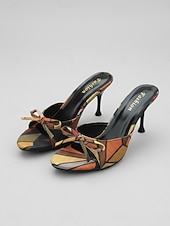 baratos Sandálias de salto-Women's Vibrant Yellow Floral Heeled Mules - Elegant High Stiletto Sandals with Bow Detail for Summer Vacations, Tropical Evening Parties &amp; Tropical Getaway Dinners