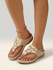 baratos Chinelos de slide-Sandálias femininas douradas com estampa floral, confortáveis e com tira entre os dedos em 3D, palmilha massageadora e amortecimento para maior conforto, ideais para viagens e caminhadas. &amp;uso diário