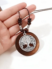 voordelige Dames ketting-Dames boho lange hangerketting - vintage hout &amp;Truienketting van legeringskralen met bladmotief &amp;Levensboom bedeltjes voor een zomervakantie aan het strand, of als casual kleding voor elke dag.