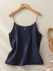  Per donna Gilet in cotone e lino Ricamato Tinta unica Semplice Vintage Senza Maniche Scollo Tondo Top corti Marrone caffè Colore naturale di canapa Blu marino Albicocca Estate Primavera