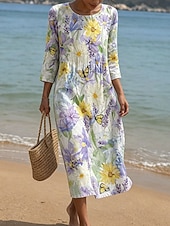 cheap Floral Dress-Women's Midi Dress Sundress Summer Dress Vacation Casual Boho Beach Holiday Regular Fit Floral Graphic 3/4 Length Sleeve Crew Neck Blue Pink Purple Summer Spring