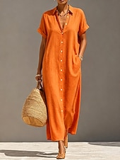  Women's Midi Dress Cotton Linen Dresses Shift Dress Basic Daily Loose Fit Plain Long Sleeve Shirt Collar Summer Spring Fall