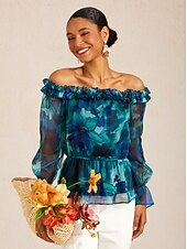 economico camicie, top e camicette-top in chiffon fluente Ocean Bloom Reverie