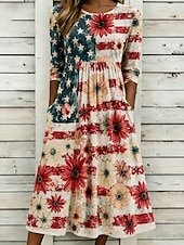  Amerikansk uavhengighetsdag Dame Midikjole Skiftkjole Ferie Fest Fritid Daglig Sommerkjole Vårkjole Normal Amerikansk flagg 3/4 ermer Crew-hals Blå Rød Beige Sommer Vår Høst