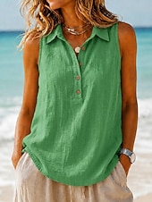 abordables Chemises-Femmes Gilet en coton et lin Texture Boutons ancien Sans manches Revers Hauts Réguliers Blanche Jaune Vert Été Printemps