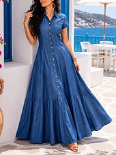 cheap Plain Dress-Women's Maxi Dress Sundress Vintage Vacation Regular Fit Pure Color Short Sleeve Shirt Collar Blue Light Blue Black Spring