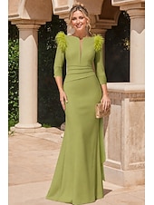 economico Abiti da Sera Sirena-Sirena Tromba Lunghezza al pavimento Abiti da Ballo Abito da Sera Da principessa Abito formale Elegante Manica 3/4 Scollo a V Formale Autunno Raso con Piuma Arricciato Volant