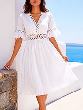 cheap Plain Dress-Women's Knee Length Dress Sundress Casual Dress Vacation Casual Boho Beach Party Date Regular Fit Plain Short Sleeve V Neck Blue White Yellow Red Summer Spring