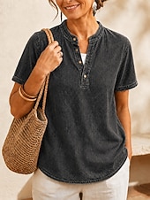 cheap Plain Blouses-SoftFade™ Women's 100% Cotton Henley Shirt Solid Color Vintage Fashion Stylish Short Sleeve V Neck Regular Tops Casual Beach Blue Khaki Black Purple Orange Summer Spring