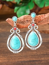 preiswerte Damen Ohrringe-Türkisfarbene Boho-Ohrringe für Damen – Vintage-Ohrhänger aus einer Legierung in Tropfenform mit ethnischen Gravuren, perfekt für den Sommerurlaub am Strand und den Alltag. &amp;Schmuckgeschenk im