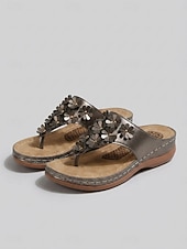 baratos Chinelos de slide-Sandálias femininas douradas com estampa floral, confortáveis e com tira entre os dedos em 3D, palmilha massageadora e amortecimento para maior conforto, ideais para viagens e caminhadas. &amp;uso diário