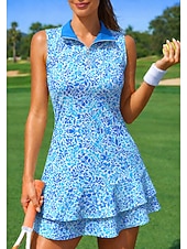 cheap Women's Tennis Dress-Women's Floral Tennis Dress Sports Dress Tennis Polo Dress Sleeveless Quarter Zip Elastic Sweat-Wicking Breathable Volleyball Tennis Golf Collar Turndown Dress Blue Tennis Clothing
