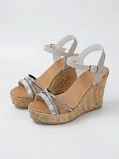 cheap Wedge Sandals-Women's Red Rhinestone Wedge Sandals - Sparkly Crystal Multi-Strap Platform Shoes with Cork Sole &amp; Ankle Buckle for Outdoor Vacations, Tropical Getaways &amp; Summer Parties