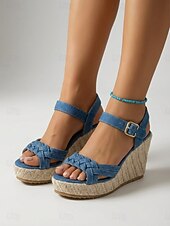ieftine Femei-Sandale cu platformă pentru femei, din denim albastru - tocuri cu platformă, tip espadrile, cu barete împletite, și cataramă la gleznă, pentru vacanțe de lux în croazieră, ținute de resort tropical