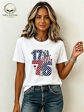  Amerikansk uavhengighetsdag Dame 100% قطن T skjorte Trykt mønster Grafisk Amerikansk flagg Årgang Stilfull Fritid Kortermet Crew-hals Vanlige topper Avslappet Daglig Helg Lys beige Svart Hvit Rosa