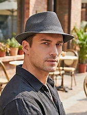 baratos Chapéus Masculinos-Chapéu fedora masculino em poliéster respirável com tela – multicolorido, leve e perfeito para o verão, férias na praia, uso casual diário e atividades ao ar livre.