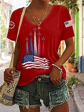 billiga Självständighetsdagen Topp-Amerikanska självständighetsdagen Dam T-shirt Mönster Grafisk Bokstav Amerikanska flaggan Vintage Stylish Klassisk Kortärmad V-hals Vanliga toppar Ledigt Dagligen Svart Vit Rubinrött Sommar Vår