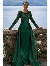 economico Abiti da ballo-Sirena Tromba Lunghezza al pavimento Abito da Sera Elegante Brillare &amp; Splendere Manica Lunga Scollo Illusione Carnevale Mascherata Abito Champagne per la Madre della Sposa Raso Con Paillettes con