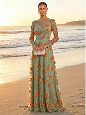 ieftine Lungimea podelei-Linia -A Rochii Lungime Podea Rochie de petrecere Rochie Mama Miresei Manșon Lung Stil Nautic Iluzii Elegant Epocă Luxos Oficial Invitat la nunta Kentucky Derby Dantelă Tulle cu Flori 3D Broderie