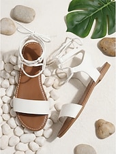 cheap Gladiator Sandals-Women's White Lace-Up Gladiator Sandals - Minimalist Flat Roman Sandals with Strappy Tie-Up Ankle Detail for Outdoor Vacations, Tropical Beach Getaways &amp; Casual Summer Walking