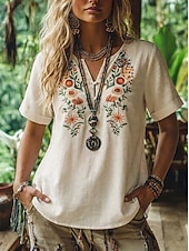 رخيصةأون بلوزات بسيطة-Women's Blouse Embroidery Shirts Embroidered Floral Vintage Boho Short Sleeve V Neck Long Tops Casual Daily Summer Apricot Summer Spring