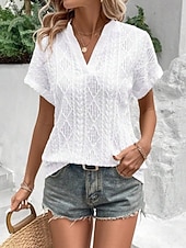  Mujer Blusa con textura Elegant Tops tejidos con textura Con Texturas Geométrico Elegante Clásico Manga Corta Escote en Pico Tops largos Casual Blanco Amarillo Verano Primavera