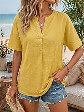 baratos Blusas Simples-Women's Shirt Casual Shirt Vacation Vintage Fashion Short Sleeve V Neck Crop Tops Casual Khaki Black White Yellow Pink Summer Spring