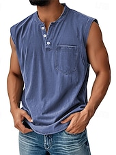  Men's Vintage Tank Top 100% Cotton Acid Wash Vest Top Undershirt Sleeveless Shirt Sleeveless Henley Summer Plain Fashion Designer Basic Pocket Buttons Vacation Street Black Top Tee for Men
