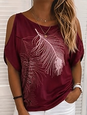  Women's Cold Shoulder Tops T Shirt Summer Tops Tee Floral Graphic Elegant Tropical Cute Short Sleeve Round Neck Regular Tops Casual Daily Beach Red Orange Summer Spring Fall Winter