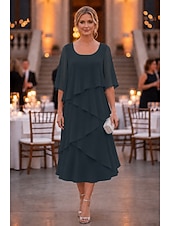 economico Lunghezza del tè-abito a tubino a colonna lunghezza tè abito da festa abito da cocktail abito da invitata a nozze abito da madre della sposa mezza manica scollo a U elegante formale chiffon con volant