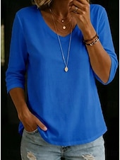  Mujer Camiseta Color sólido Elegante Clásico Manga 3/4 Escote en Pico Tops largos Casual Azul Piscina Negro Blanco Verde Claro Rosa Verano Primavera