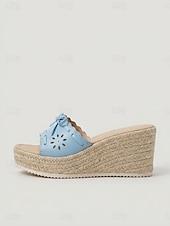 preiswerte Frauen-Hellblaue Espadrille-Keilsandalen für Damen – elegante, lasergeschnittene Pantoletten mit Schleifendetail für luxuriöse Kreuzfahrten und sommerliche Deckpartys &amp;tropische Resortbekleidung