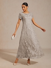  Mujer Vestido maxi Vestido de una línea Elegante Fiesta de Noche Acordonado Lentejuelas Floral Manga Corta Cuello Barco Gris Ligero