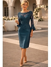 preiswerte Teelänge-Schlauchkleid Knielang Partykleid Cocktailkleid Kleid für Hochzeitsgäste Brautmutterkleid Langarm Juwelenhals Elegant Vintage luxuriös Hochzeitsgast Satin Spitze mit Applikationen