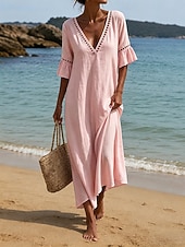 cheap Plain Dress-Women's Midi Dress Boho Dress Sundress Casual Dress Elegant Fashion Modern Outdoor Vacation Going out Loose Fit Plain Half Sleeve V Neck Blue Khaki White Pink Summer Spring