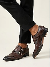 cheap Monk Shoes-Men's Brown Crocodile Print Monk Strap Shoes – Premium Leather with Stylish Buckle Design, Perfect for Weddings, Formal Events and Office Wear