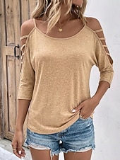 preiswerte Einfarbiges T-Shirt-Damen T Shirt Sommeroberteile Einfach Stilvoll Klassisch Halbarm Rundhalsausschnitt Normale Oberteile Lässig Täglich Khaki Schwarz Rosa Königsblau Staubiges Blau Sommer Frühling