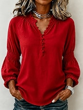 billige Enkle bluser-Dame Bluse Knapper Helfarge Stilfull Fritid Langermet V-hals Vanlige topper Avslappet Daglig Blå Svart Hvit Rosa Rød Sommer Vår Høst