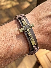 baratos Jóias Masculinas-Pulseira masculina de couro genuíno com liga metálica e cruz, ajustável nas cores preta ou marrom, joia vintage casual para uso diário, viagens e looks de férias.