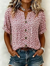 economico Bluse Floreali-Per donna Blusa Bottoni Stampato Floreale Grafico Vintage Elegante Moderno Manica Corta Colletto a Camicia Top Regolari Casuale Quotidiano Blu Rosa Viola Verde Estate Primavera